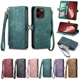 Metal Button Zipper Leather Case For iPhone 15 14 Plus 13 Pro 12Pro 11 Pro XR X XS 14Pro 15 Pro Max Wrist Lanyard Wallet Cover