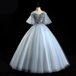 Fancy Silver Grey Prom Dresses Spaghetti Embroidery Applique with Sequins Long Evening Dresses Pleats Tulle