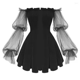 Casual Dresses Vintage Gothic Dress Egirl 2023 Aesthetic Transpanent Mesh Long Sleeve Pleated Chic Goth Punk Hip Hop Grunge Emo Y2K