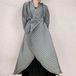 Women's Trench Coats Pleated Coat 2023 Autumn Winter Miyake Temperament Fashion Tall Jacket Pure Color Printed Medium Long Dress