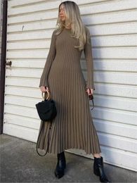 Urban Sexy Dresses Elegant Solid Pleated Knitted Lace Up Midi Dres Slim Flare Long Sleeve Ribbed Aline Autumn Female Commuting Robe 231011