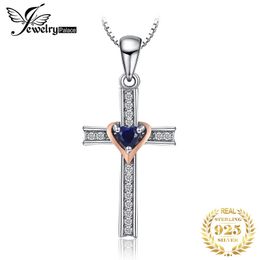 Pendant Necklaces JewelryPalace Cross Heart Love Created Blue Sapphire Rose Gold 925 Sterling Silver Pendant Necklace for Women Fashion No Chain 231012