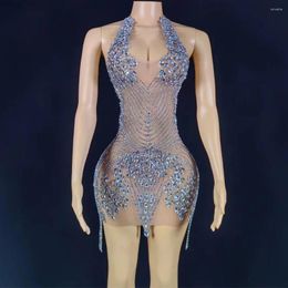 Stage Wear Nude Red Sexy Rhinestones Transparent Strech Celebrate Halter Backless Dress Birthday Dance Outfit Prom Party Poshoot