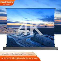 135 Inch Anti-Light Electric Pop-up/Floor Rising projector Screen With 4K Long Focus ALR Cloth For Home Theater, Black / White Housing