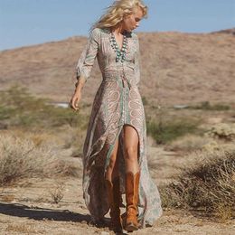 Casual Dresses TEELYNN boho long dress Vintage 2022 floral print Chiffon three quarter sleeve v-neck summer Gypsy Hippie women dre209k