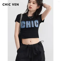 Women's T Shirts CHIC VEN Fashion Women T-Shirts Sweet Cool Retro Woman Tees Slim Fit Short Denim Patchwork Female Crop Top Summer 2023