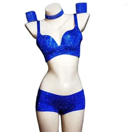 Stage Wear Shining Blue Sexy Spaghetti Strap Women Bikini Bar Pole Ballroom Dance Perform Costume Party Nightclub Clothing