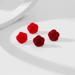 Stud Earrings Retro Red Flocked Rose For Women Girls Korean Minority Design Fashion Jewellery Gifts