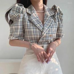 Women's Jackets Spring/Summer Vintage Fragrant Style Suit Collar Contrast Plaid Double Breasted Bubble Sleeve Short Coat Women