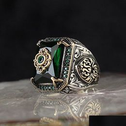 Turkish Signet Ring For Men Women Ancient Sier Color Carved Eagle Green Zircon Inlay Punk Motor Dhgarden Otsma