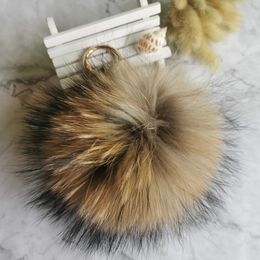 Keychains Lanyards Big 15cm Fluffy Real Fur Ball Pom Poms Natural Pompom Leather Strap Keychain Key Chain Ring Pendant For Women Charm f278 231012