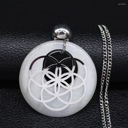 Pendant Necklaces Stainless Steel Opal Long Chain Necklace For Women Flower Of Life Silver Color Jewelry Sautoir Femme N20233