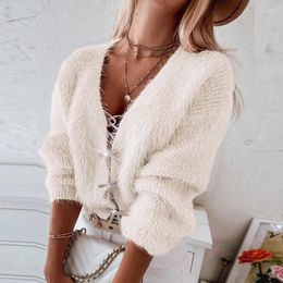 Women's Blouses Women Casual Soft Fleece Knitted Sweater Autumn Bow Knot Diamond Buckle Hollow Top Coat Winter V-neck Long Sleeve Jumper