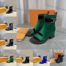 High Quality Moonlight Ankle Boots Black Patent Leather Designer Womens Wavy Sole Boot Open Toe Booties Square Heel Boot Lady Wedding Party Martin Sho i4YJ#