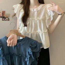 Women's Blouses Summer Double Layer Ruffled Stitching Blouse Women Sleeveless Top Chiffon Shirt 2023 O Neck Loose Woman Casual Embroidered