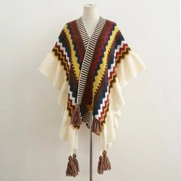 Shawls Women Ethnic Style Poncho Capes Ladies Fashion Stripe Colourful Knit Oversized Wrap Fringed Shawl Bohemian 231012