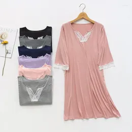 Women's Sleepwear Cotton Women Short Sleeve Lace V Neck Modal Nightdress Loose Fluffy Sleepshirts Pink Sweet Sleep Dress Nightgowns