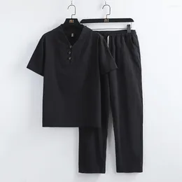 Men's Tracksuits Arrival Cotton And Linen Short Sleeve T-shirt Shorts Pant Set Solid Shirt Trousers Home Suits Male Size S-3XL