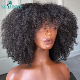 Synthetic Wigs Afro Kinky Curly Wig With Bangs Full Machine Made Scalp Top Wig 200 Density Brazilian Short Curly Bang Wig Human Hair Xcsunny 231012