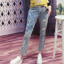 Women's Jeans Ripped 2023 Clothes Loose Sequined Shiny Street Jean Pants Girls Students Blue Trouser