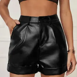 Women's Shorts PU Leather Women Outerwear High Curl Hem Pleated Womens Casual Bag Hip Pants