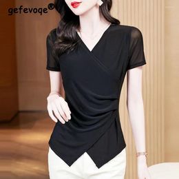 Women's T Shirts Clothing Summer Fashion Sexy Mesh Ruched Irregular Elegant T-shirts Black V Neck Short Sleeve Tees Office Lady Slim Tops