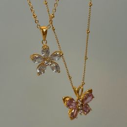 2023 Dazan Summer New 18k Pvd Gold Plated Stainless Steel Butterfly Flower Coral Pink Zircon Pendant Customized Necklace