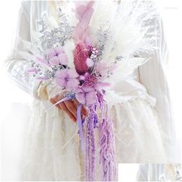 Decorative Flowers Natural Water Drop Style Bridal Bouquet Boho Wedding Dried Flower Pampas Bouquets Holding Arrangements Home Dhhti