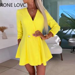 Casual Dresses Women Solid Elegant Button Decoration Three Quarter Sleeves V Neck Mini Working Blazer