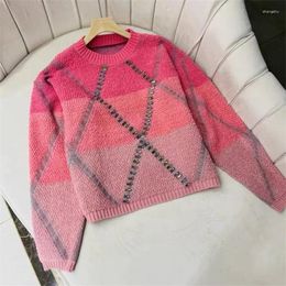 Women's Sweaters Luxury Diamonds O-Neck Cashmere Mohair Pullover High Street Kawaii Knitwear Knitted Plaid Jumpers Female H316