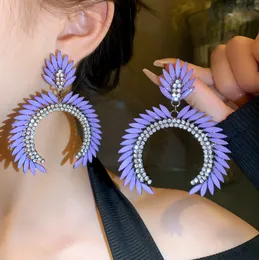 Luxury big Purple Crystal Leaves hoop Earrings Rhinestone Geometric Drop Earrings for Women Party Weddings Jewellery