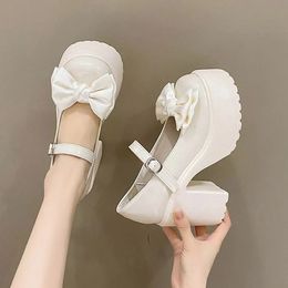 Dress Shoes White Platform High Heels Women Mary Jane Chunky Heel Shoes Bows Elegant Woman Heeled Pumps Round Toe Shoes Women's Wedding Shoe 231011