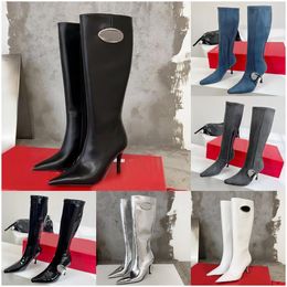 Designer Boots Women Luxury Leather Black White Silver Side Zipper Calfskin Fashion Top-Quality High Heel Boot Winter Motorcycle Knee Boots