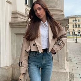 Women's Jackets Belt Cropped Trench Jacket Women Autumn Fashion Vintage Streetwear Double Breasted Long Sleeve Top Female Chic Lady Coat Outfits 231011