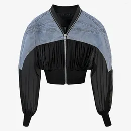 Women's Jackets Denim Jacket Stand Collar And Pleated Design Hem Knit Material Long Sleeve Top