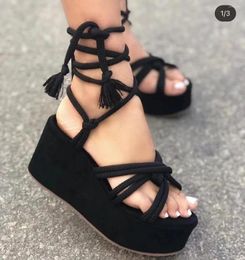 Sandals Platform Wedge Strappy Women Fashion Round Toe Cross Tied Height Increase Open 2023