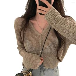 Women's Knits Korean Crops Sweaters Women Pure Colour Elegant Lady V-neck Knitting Leisure Student All-match Holiday Basic Sun-proof Cardigan