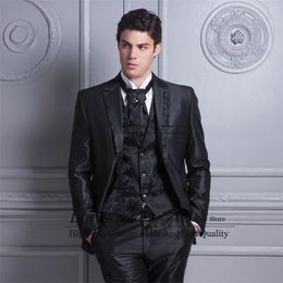 Men's Suits Fashion Black Men Notched Lapel Groom Wedding Tuxedos 3 Pieces Sets Business Male Blazers Jacquards Waistcost Pants Outfit