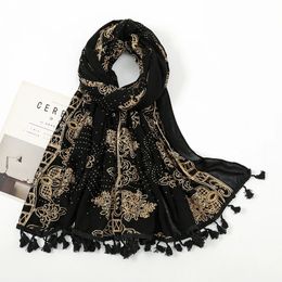 Scarves Aztec Fashion Bronzing Gold Floral Tassel Diamond Viscose Scarf Print Soft Thick Shawls and Wraps Pashmina Stole Muslim Hijab 231012