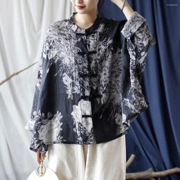 Women's Blouses Johnature Women Chinese Style Ramie Shirts And Tops Stand Long Sleeve 2023 Autumn Button Print Floral Vintage