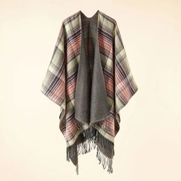 Shawls Autumn Winter Colour Grid Pattern Imitation Cashmere Warm Casual Women Tassels Shawl Poncho Capes Lady Coat Pink 231012