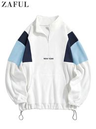 Men s Hoodies Sweatshirts Hoodie for Men Fluffy Polar Fleece York Embroidery Turtleneck Pullover Colour Block Zipper Sweats 231012