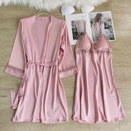 Women's Sleepwear Pink Lace Patchwork Kimono Bathrobe Gown 2PCS Suit Women Robe Set Satin Perspective Intimate Lingerie Home Clothes