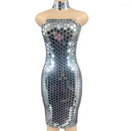 Stage Wear Sparkling Mirror Sequins Decoration Knee-Length Dress Strapless Ladies Nightclub Performance Clothing Theatrical Costume Women