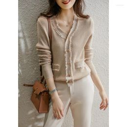 Women's Sweaters Spring And Autumn Long-sleeved Knitted Top Pullover Commuter V-neck Button Black Beige Pocket Stitching Korean Sweater