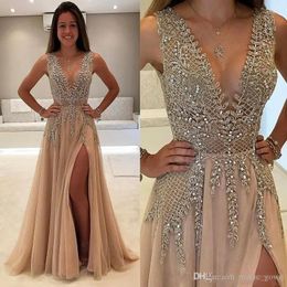 Party Dresses Luxury Evening Beadings Crystals Sequined Deep V Neck Custom Made Long Lace Appliques Backless Formal Prom Gowns