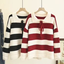 Women's Knits Tees 3xl Autumn Plus Size Jumper Woman Clothing LOOSE Knitted Pullover Winter Fashion Stripe Peter Pan Collar Curve Sweaters 231011