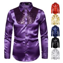 Men's shirts sequins show nightclub host emcee lapel long-sleeved shirt vintage button down For men clothing Tuxedo3008