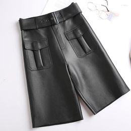 Women's Pants Real Sheepskin Leather Shorts For Women 2023 High Waist Knee-length Genuine Korean Fashion Straight Short