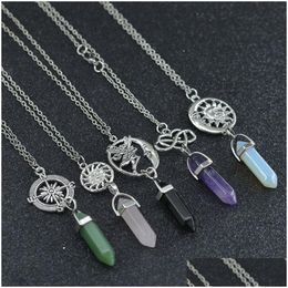 Pendant Necklaces Natural Stone Shape Healing Point Pendant Necklaces Heart Sun Charm Crystal Quartz Hexagonal Column For Women Fashio Dhnte